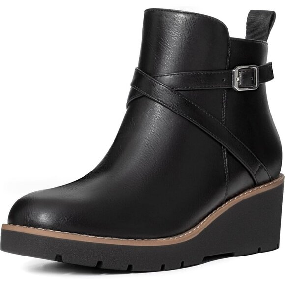 Shoes - Women's Black Wedge Ankle Boots Platform Lug Sole Buckle Zip Short Booties